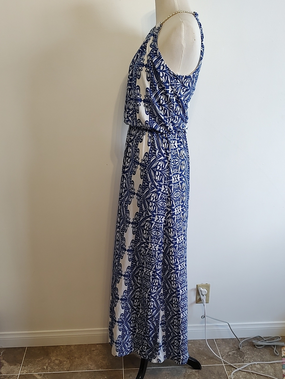 Bisou Bisou Navy and White Printed Halter Maxi Dress with Chain Detail - Picture 3 of 7
